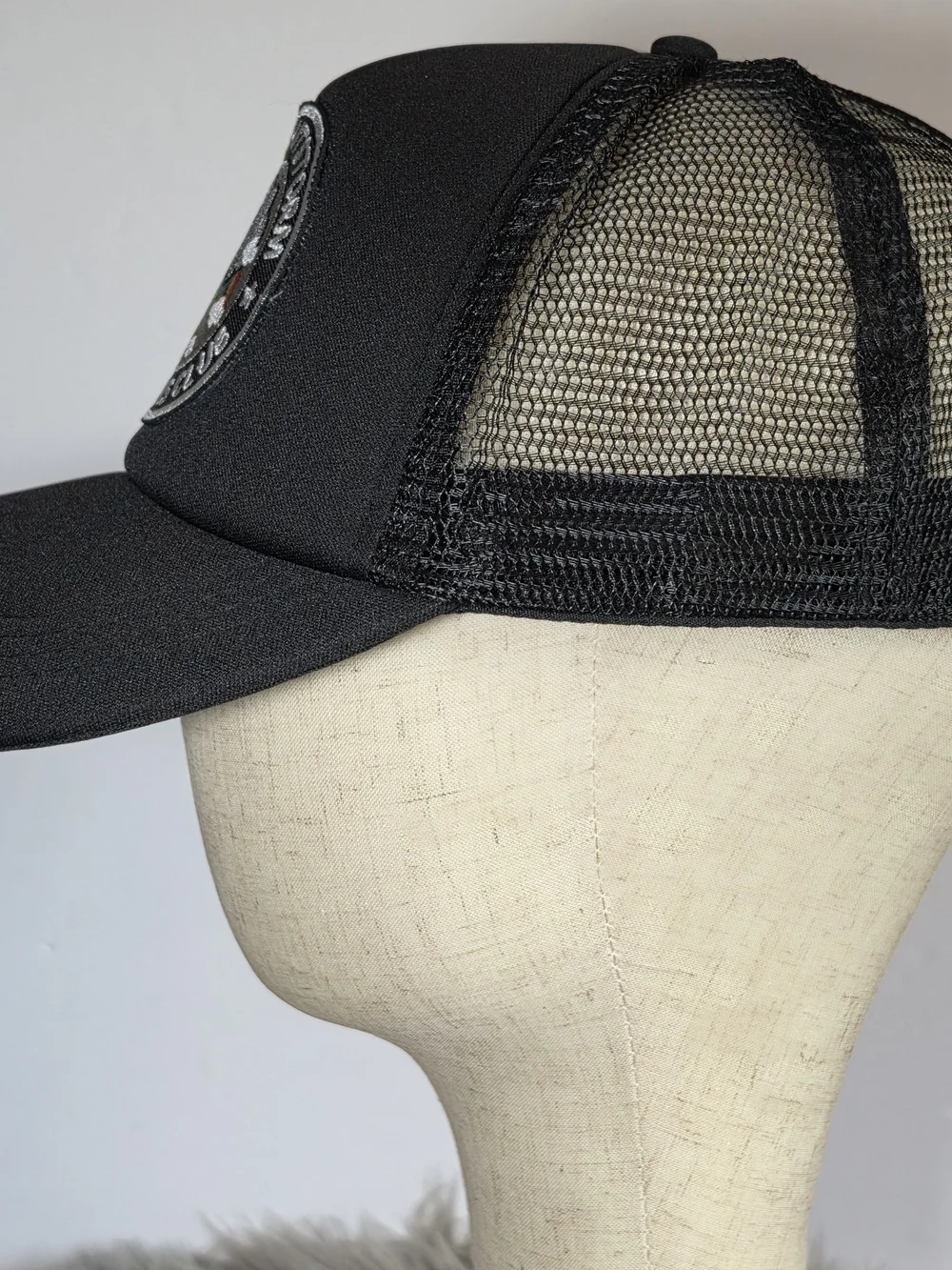 90s Inspired Woman's Black Trucker Hat with Funny Patchwork